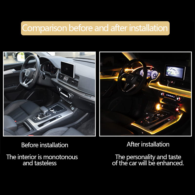 Golden led accent lighting strip for car interiors connected to a purple interior car led light strip via the cigarette lighter head.