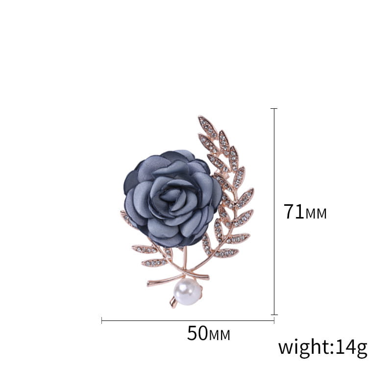 Elegant fabric flower lady temperamental pin featuring a dark blue rose brooch with gold-toned leaf accents and a pearl detail.