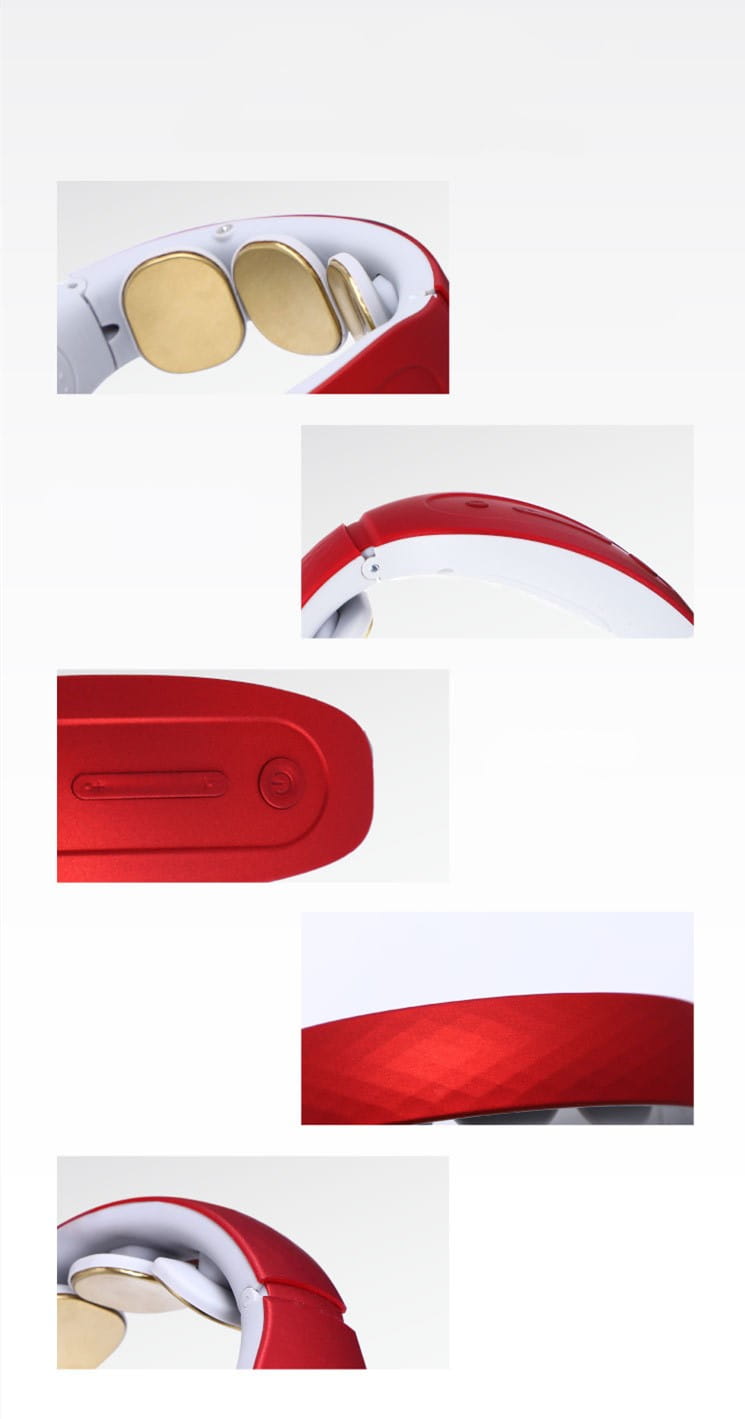 Red and white intelligent cervical massager with gold-colored treatment pads designed as a small neck collar for effective cervical massage.