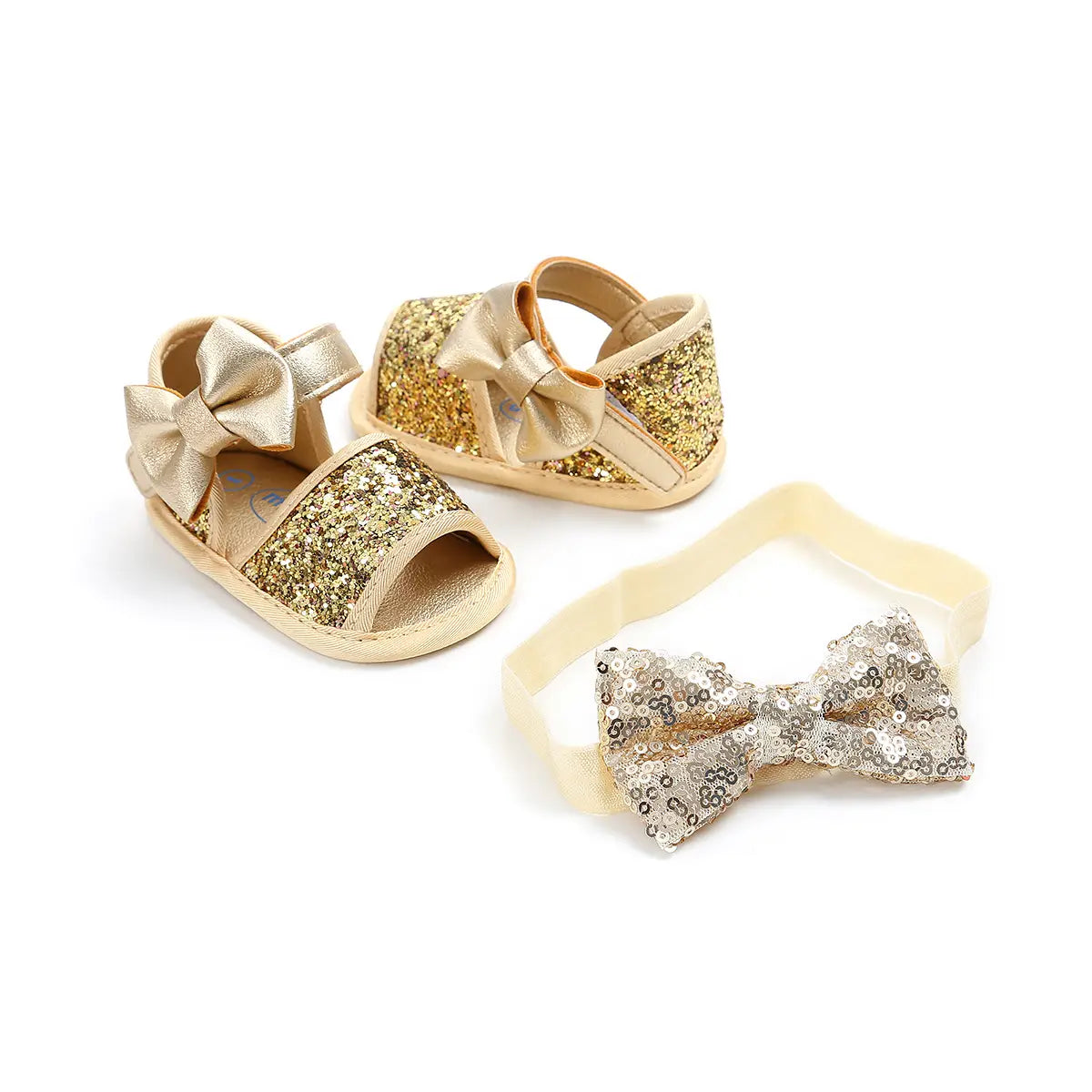 gold sequined baby shoes princess sandals with matching bow accents designed for formal occasions