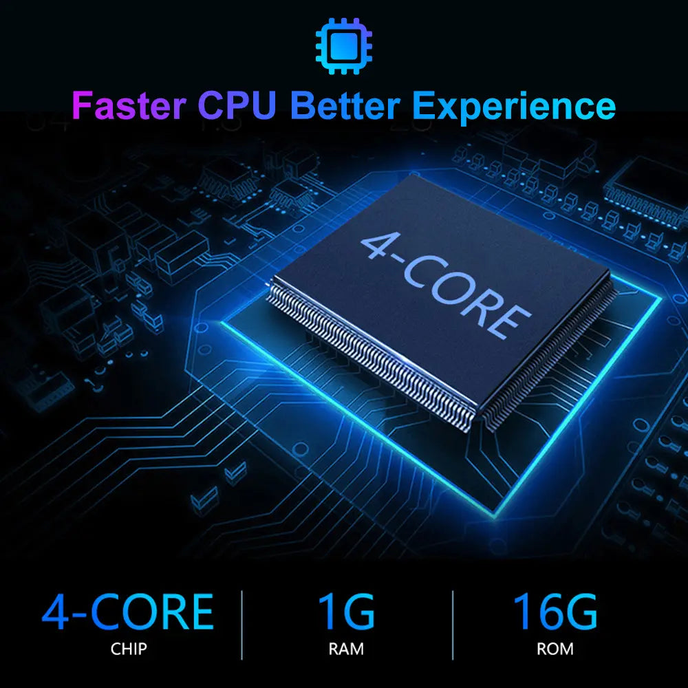 black 4-core processor chip with silver pins and blue glowing circuitry design for large screen vehicle video player navigator electronic component.