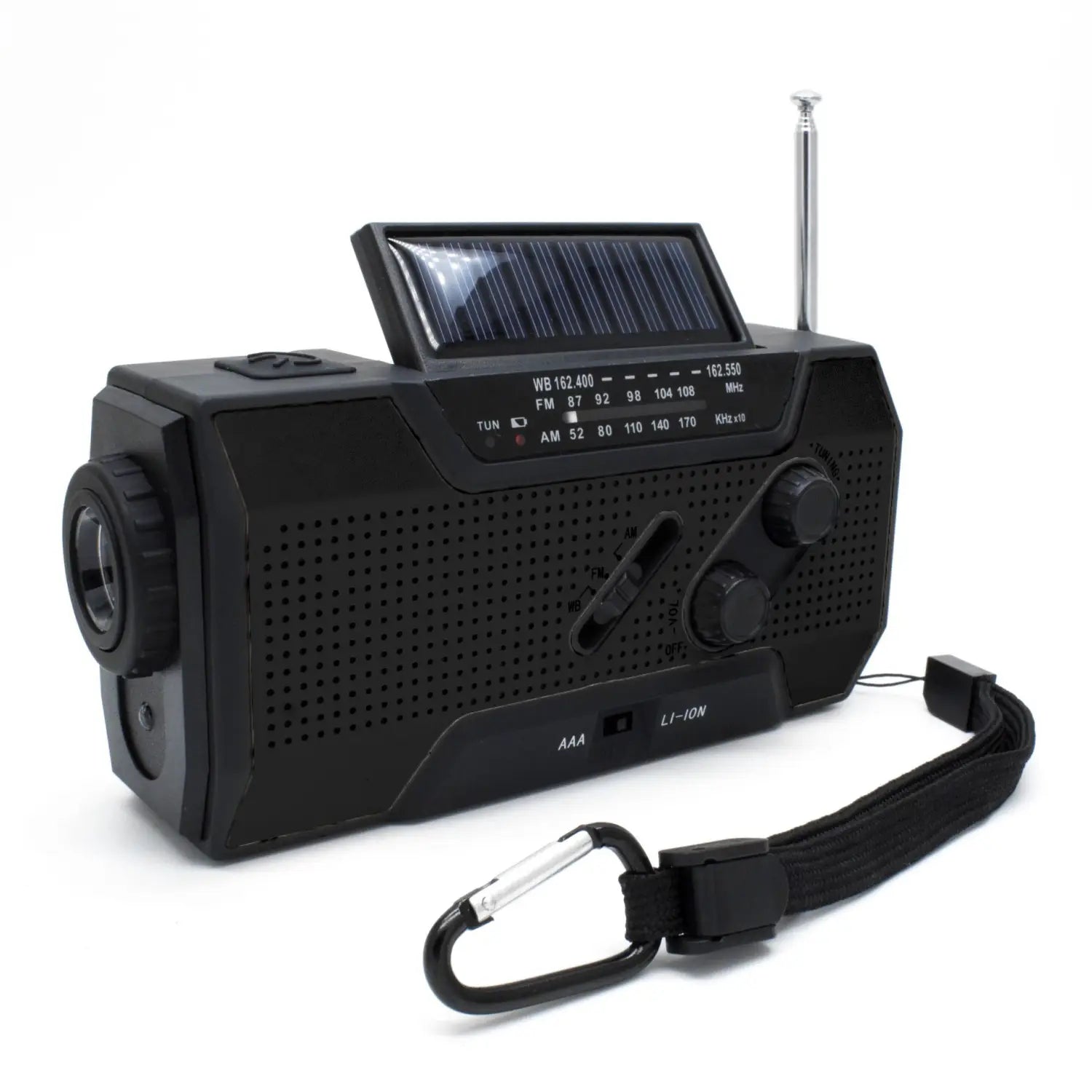 Black hand crank solar emergency radio with built-in flashlight and carrying strap featuring usb charging capability.