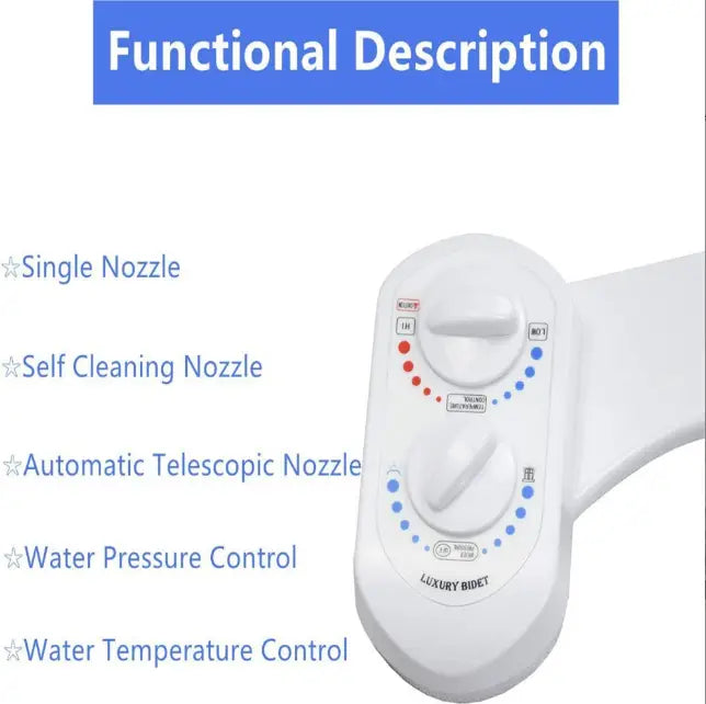 White plastic non-electric bidet with adjustable nozzle and two control knobs featuring red and blue indicator dots for water pressure and temperature settings designed as a toilet paper alternative.