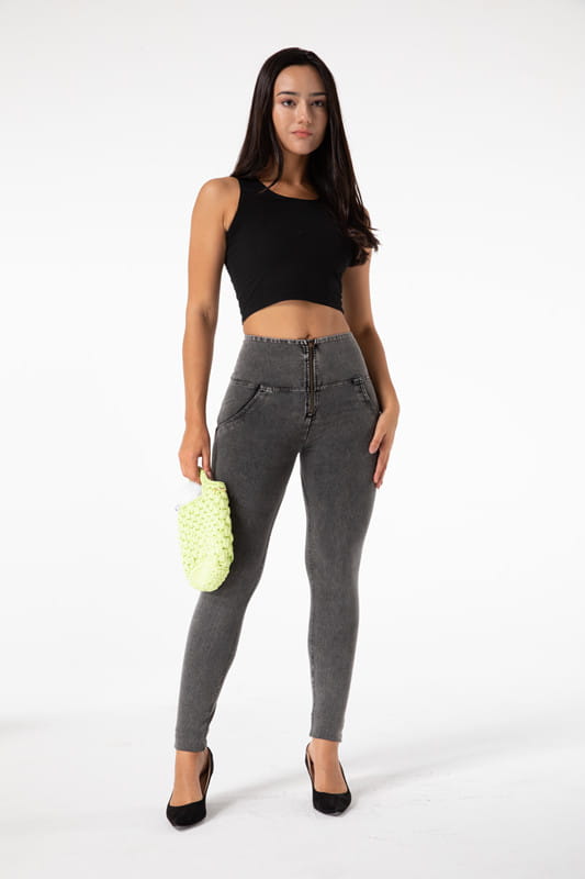melody high waist gray denim leggings featuring high-waisted dark gray fitted slim-leg jeans with front pockets made from denim material