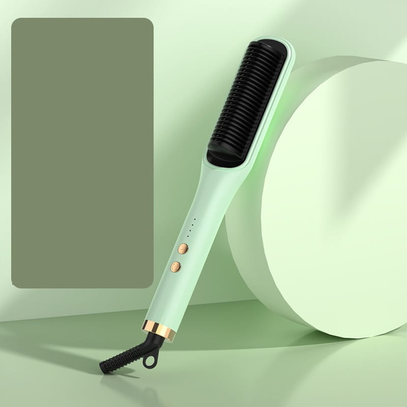 mint green anion hair care electric straightener comb with black bristles and gold accents designed for efficient care electric hair styling.