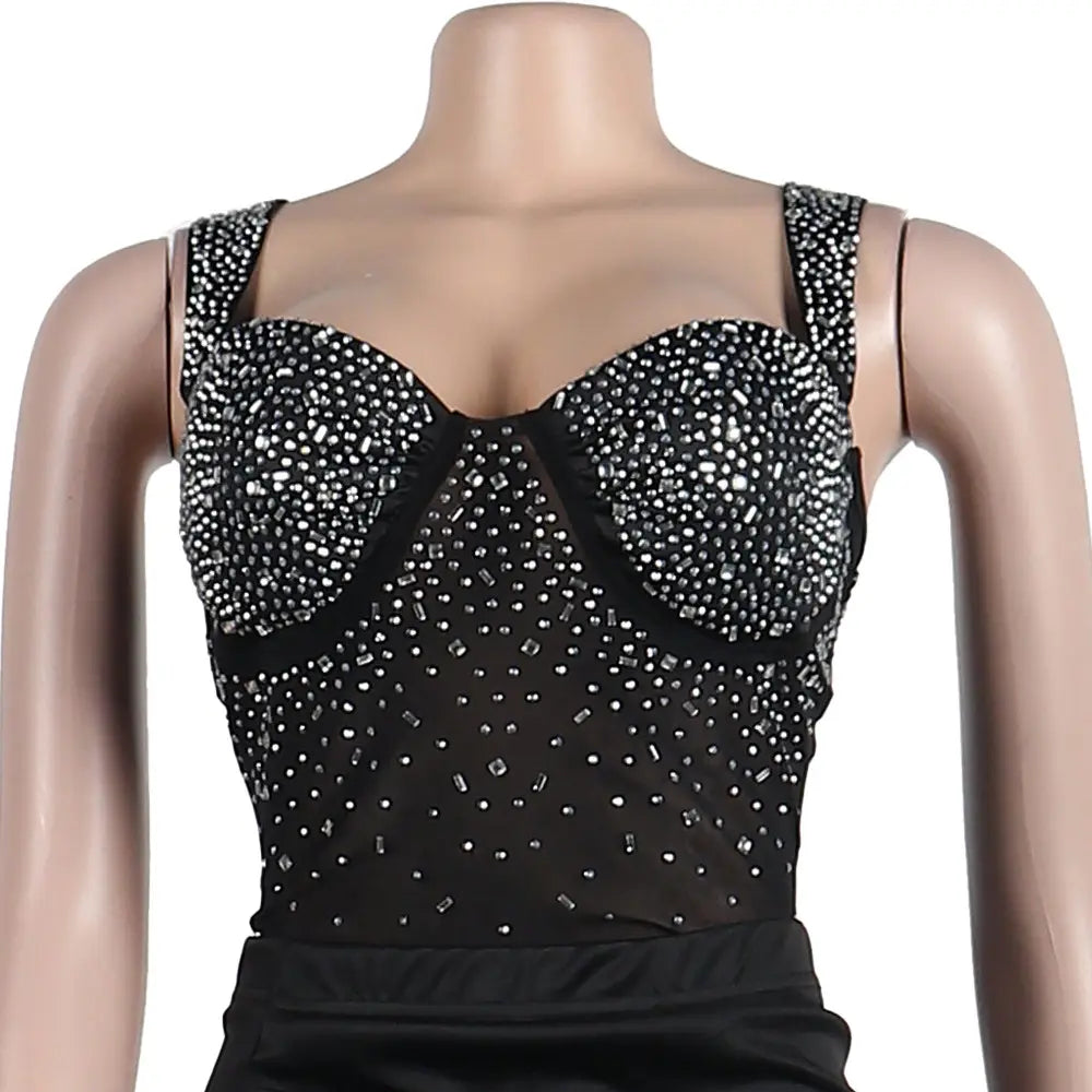 black sequined bustier top with sparkling rhinestone sling backless embellishments from a rhinestone sling backless two-piece set two colors