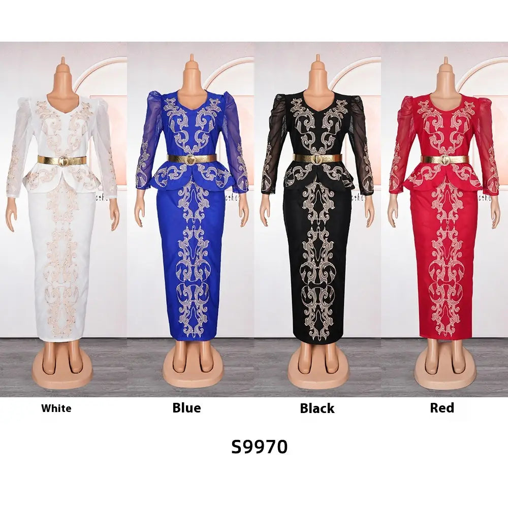Elegant luxury rhinestone beaded black peplum formal dress featuring a fitted top with sheer long sleeves and intricate silver embroidery paired with a matching high-waisted skirt.