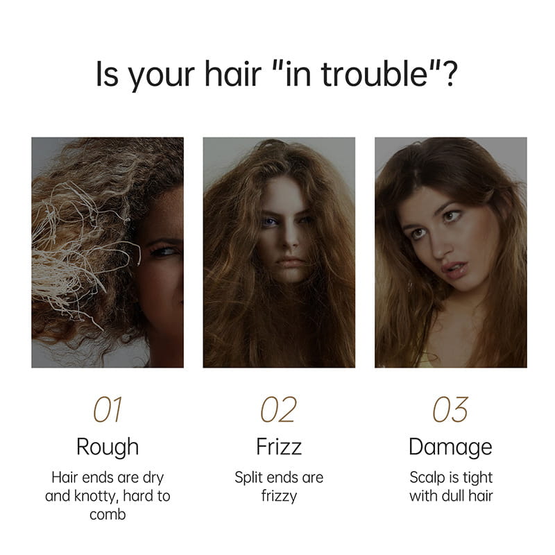 this hair care infographic features three women with damaged hairstyles labeled rough frizz and damage highlighting the moisturizing benefits of huanran hair conditioner care hair conditioner.