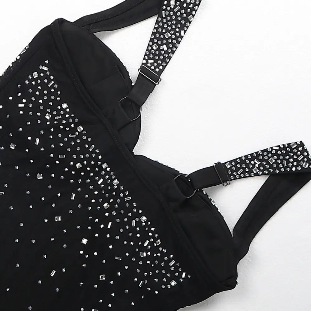 black rhinestone-embellished overalls with adjustable straps and a fitted design from the rhinestone sling backless two-piece set two colors collection