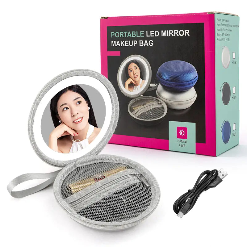 Gray mesh-woven portable led mirror makeup bag with a circular reflective surface and integrated lighting in a round bag blue design.