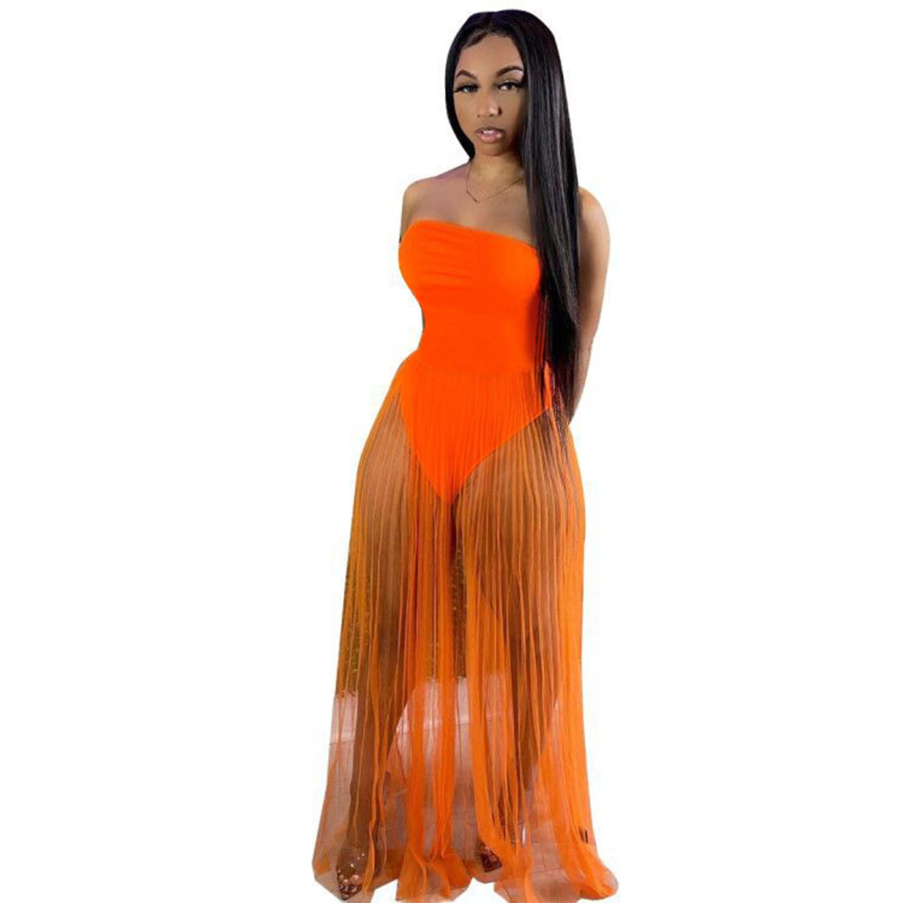 A vibrant orange strapless maxi dress with a fitted bodice and sheer pleated skirt featuring a sexy mesh wrapped chest design.