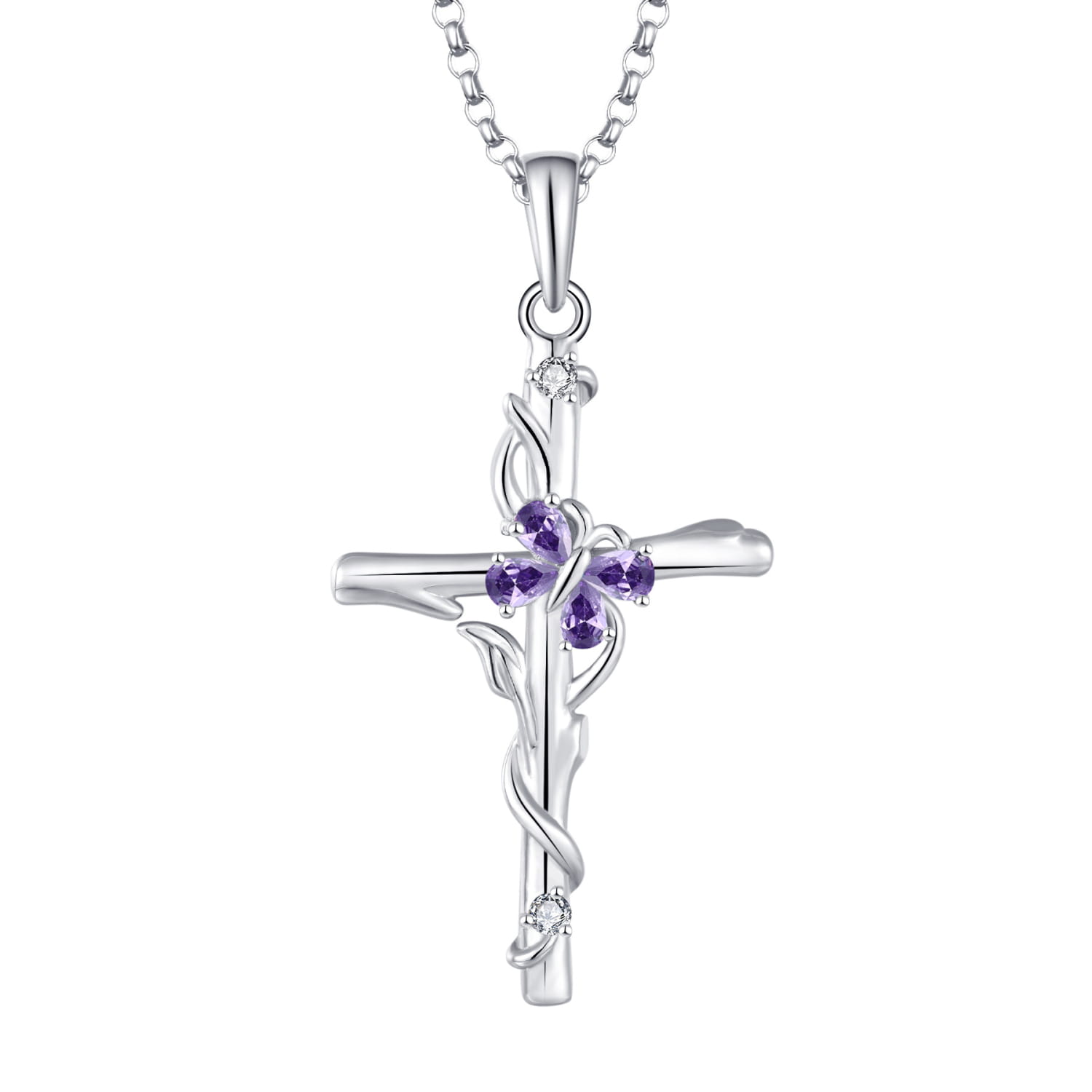silver cross necklace sterling featuring three purple amethyst stones and small clear diamonds in sterling silver women design