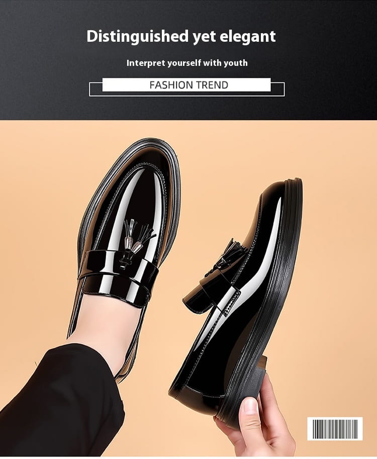 Black patent leather tassel business formal wear shoes in glossy black finish ideal for formal wear and leather shoes collection.