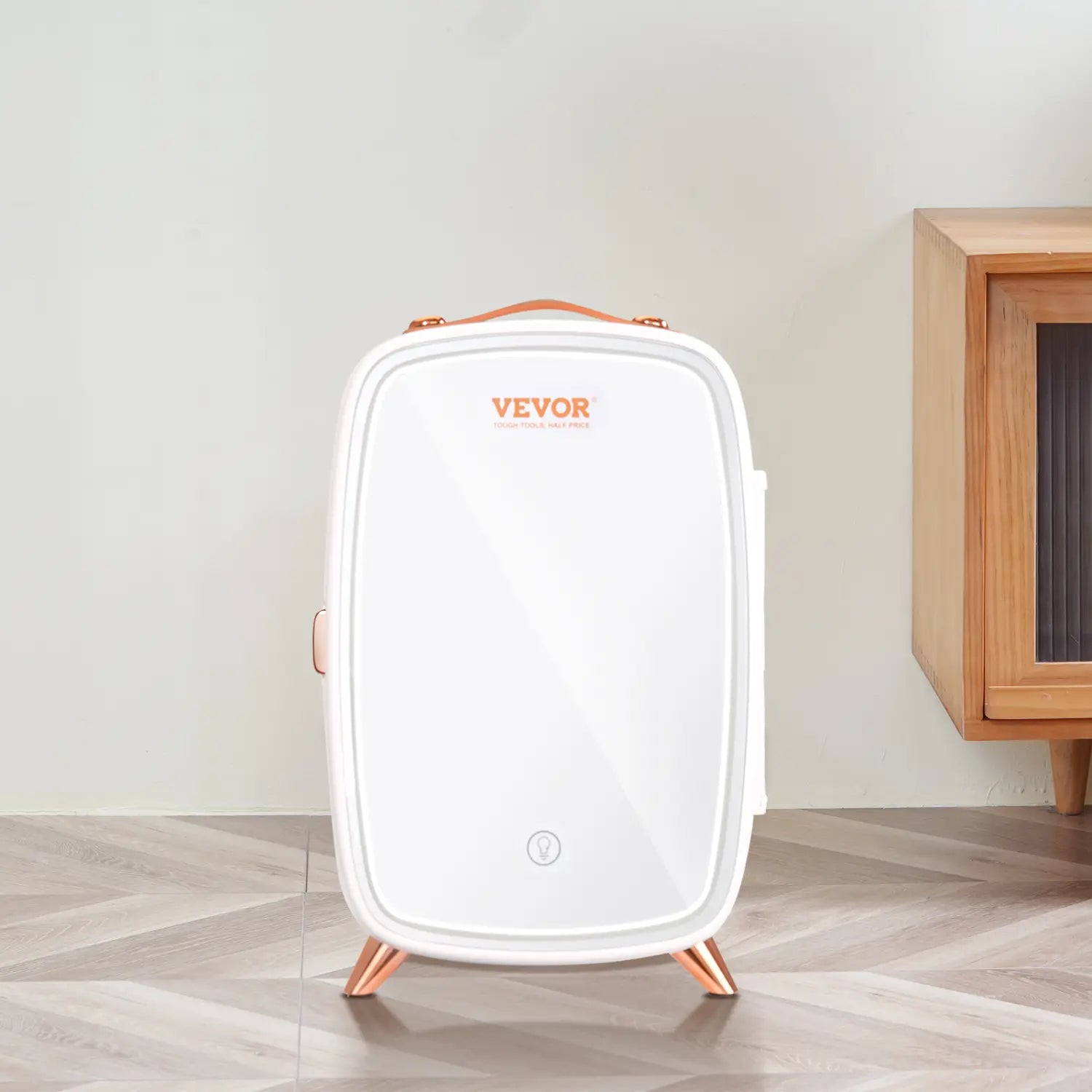 White vevor mini fridge with rose gold accents, a handle, and a mirror designed for luxury skin care and skin care fridges use.