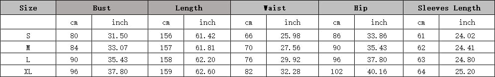 The image displays a size chart in centimeters and inches for the women’s beaded long sleeve round neck fishtail gown in sizes S through XL.