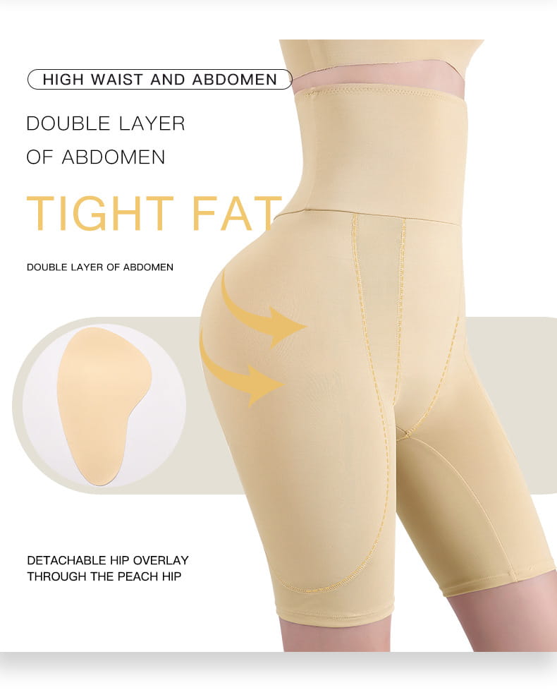 beige high waist body shaper featuring double-layered abdomen support and a detachable hip overlay for effective tummy control and butt lifting fat burning high performance.