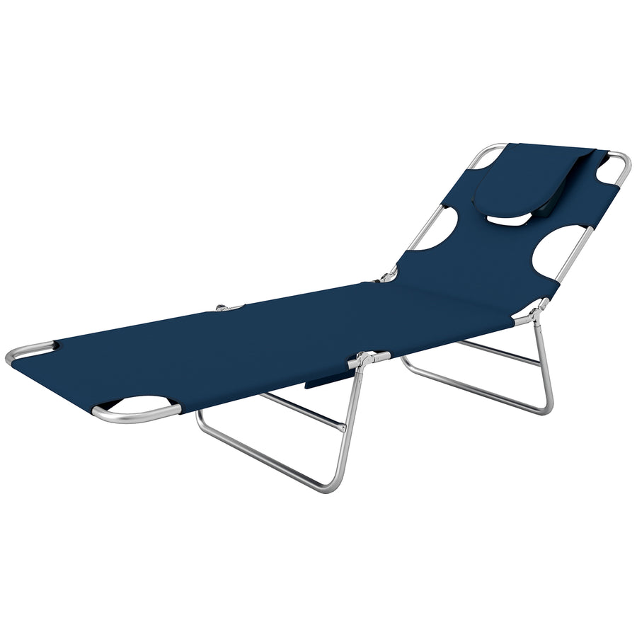 Folding Outdoor Chaise Lounge Sun Tanning Chair with Face Cavity, Pillow & 5-Level Adjustable Backrest – Dark Blue
