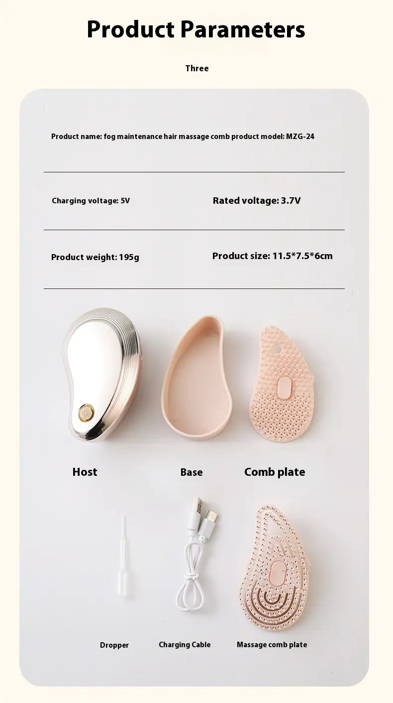 silver and rose gold electric spray massage comb with a sleek ergonomic design and textured comb plate for scalp stimulation in hair care spray and care spray massage use