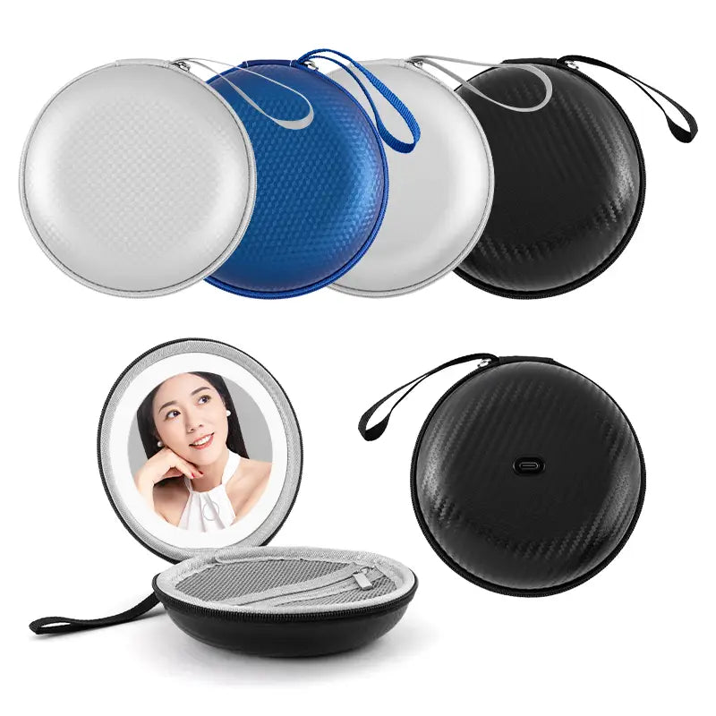 Compact round bag blue and silver travel mirror case with sleek carbon fiber texture and soft-touch exterior in black, blue, and silver options.