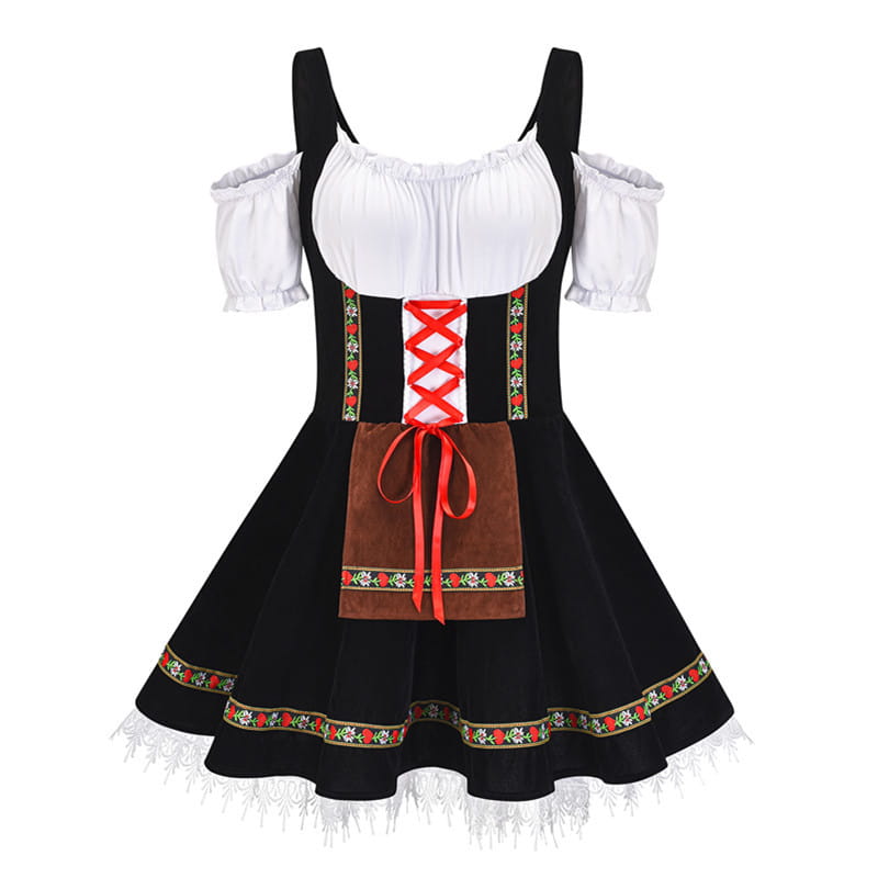 plus size Bavarian Halloween beer girl dress featuring a black and white traditional German dirndl with a red lace-up front, brown velvet apron, and floral trim details.