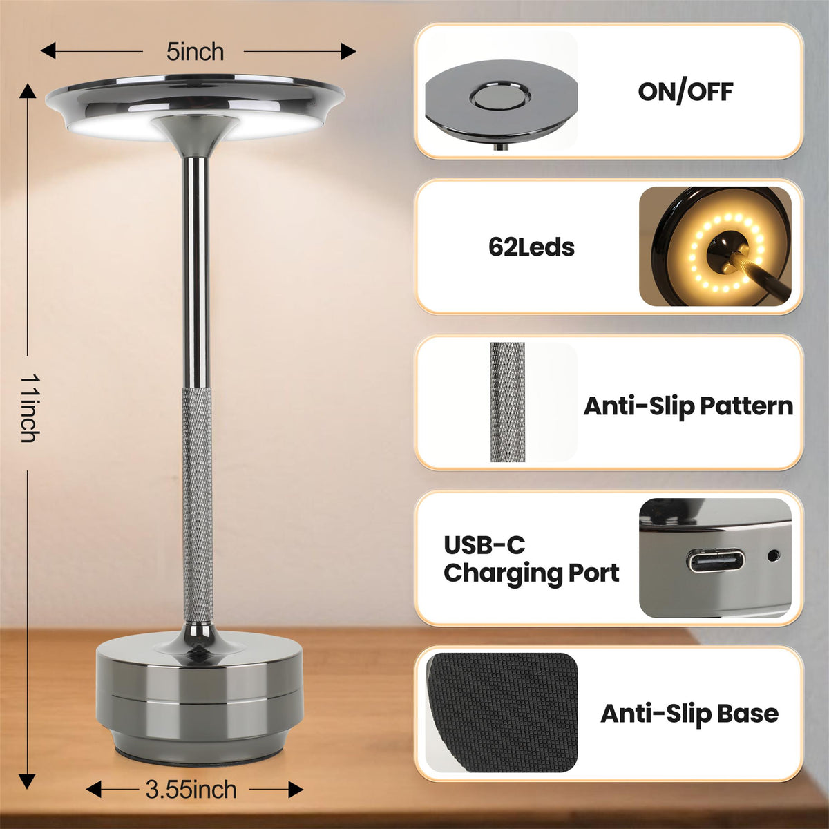 Rechargeable Cordless Aluminum Table Lamp, 5000mAh Dimmable 3-Color Touch LED Desk Lamp