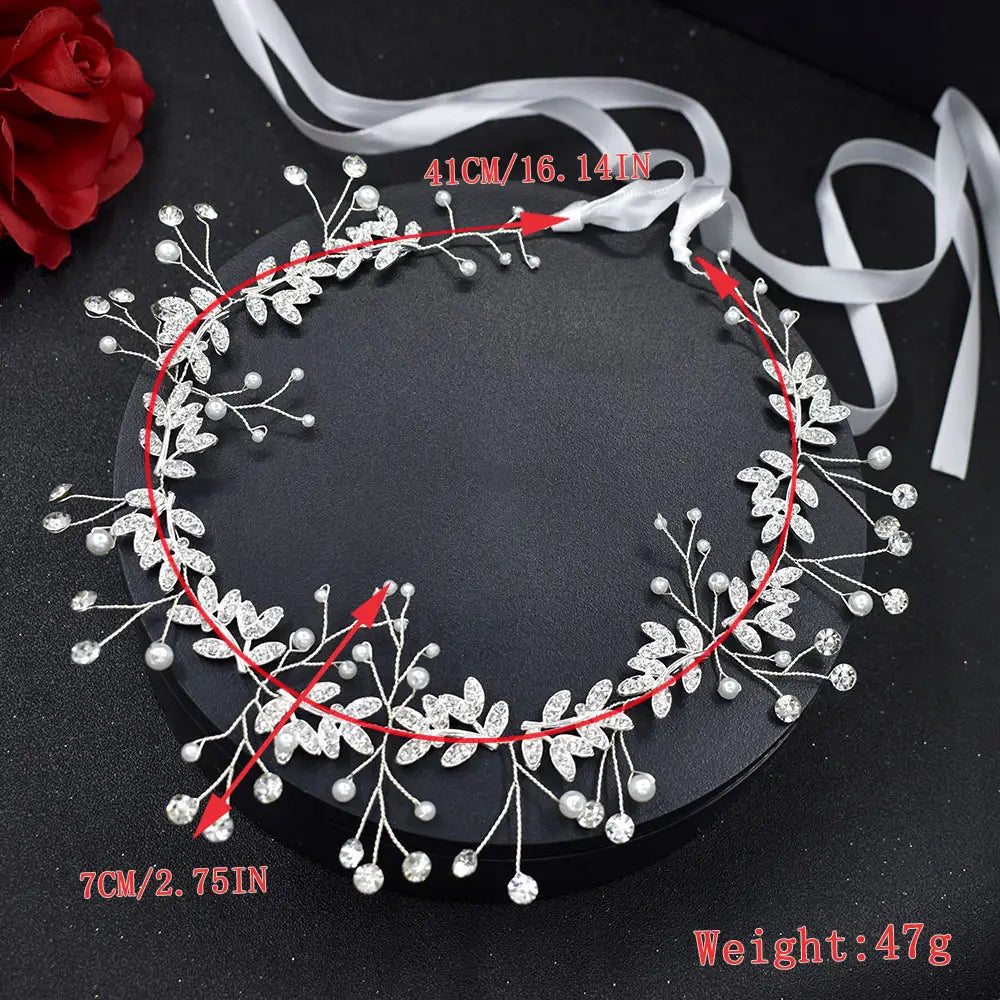 silver leaf pearl bridal hair band with hair band rhinestone detailing made of band rhinestone alloy and adorned with sparkling crystals