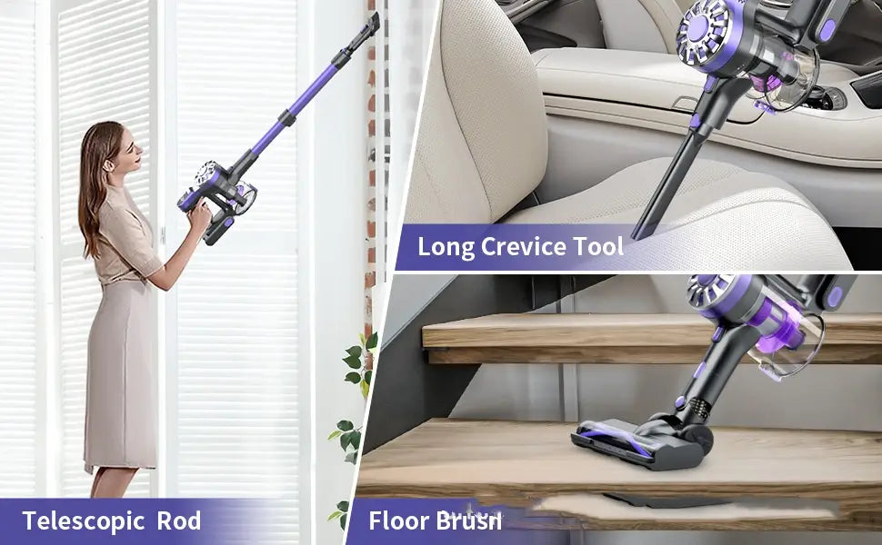 purple and black household small portable cordless stick vacuum cleaner with telescopic rod long crevice tool and floor brush attachments