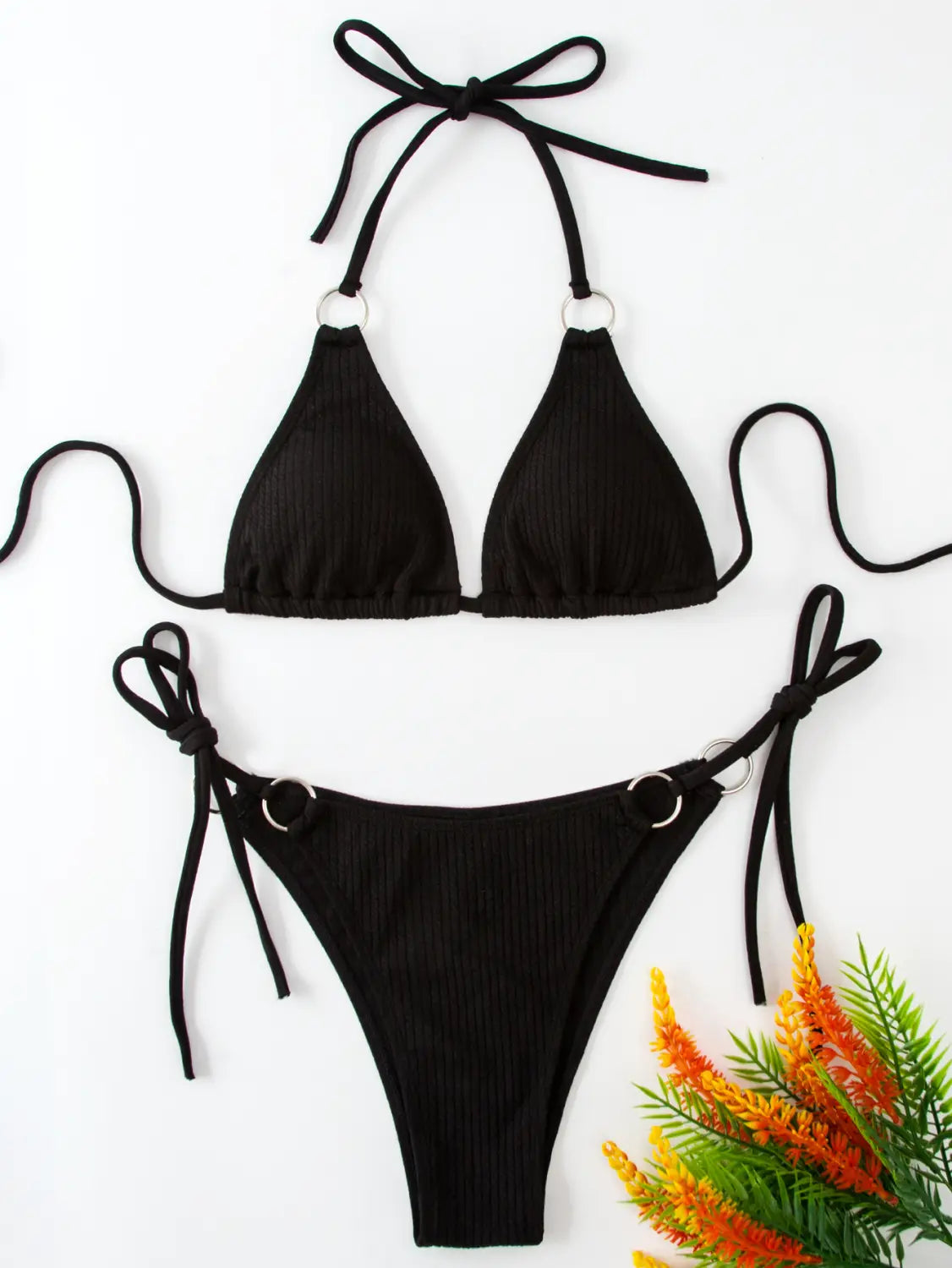 black ribbed sexy bikini set with silver ring accents and tie thong bandage style side ties perfect for bikini set summer.