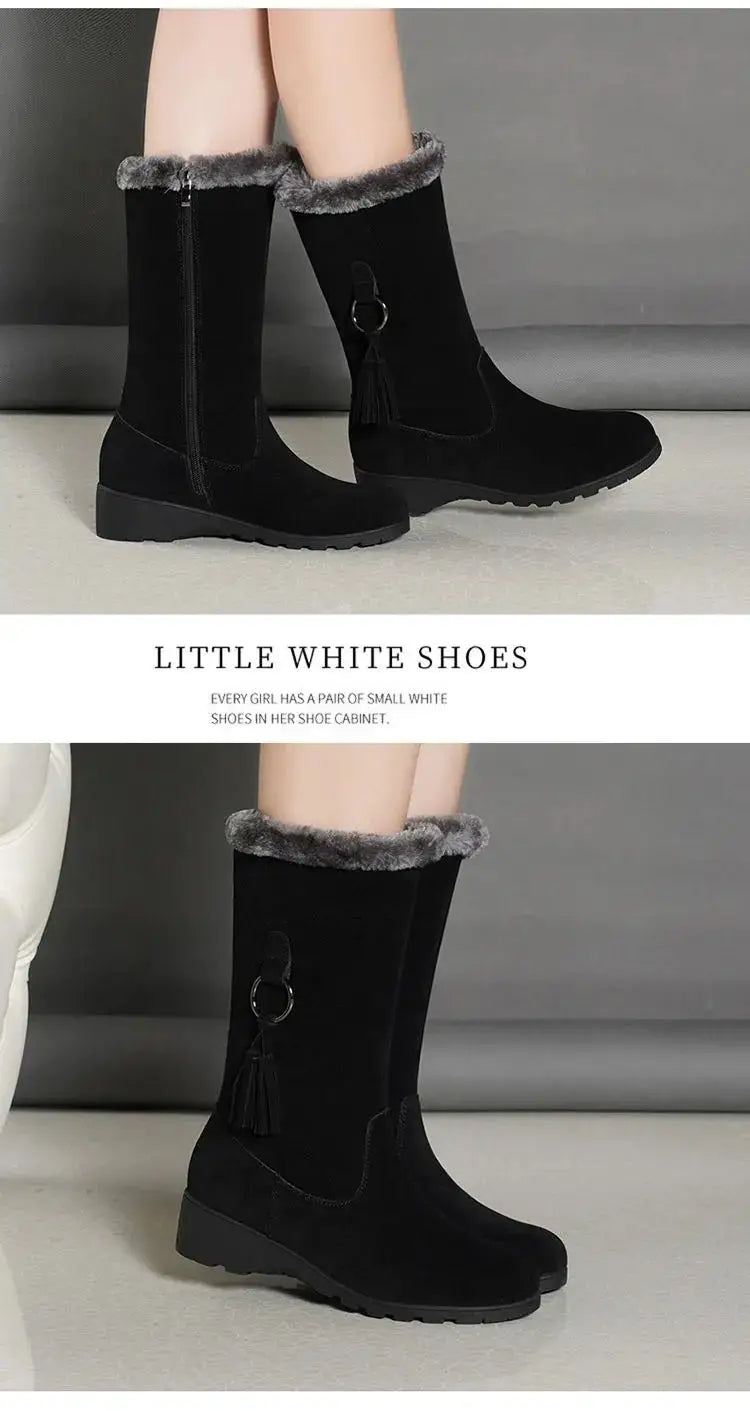 black suede martin boots autumn with gray long furry mouth faux fur trim and circular metal accent on the side