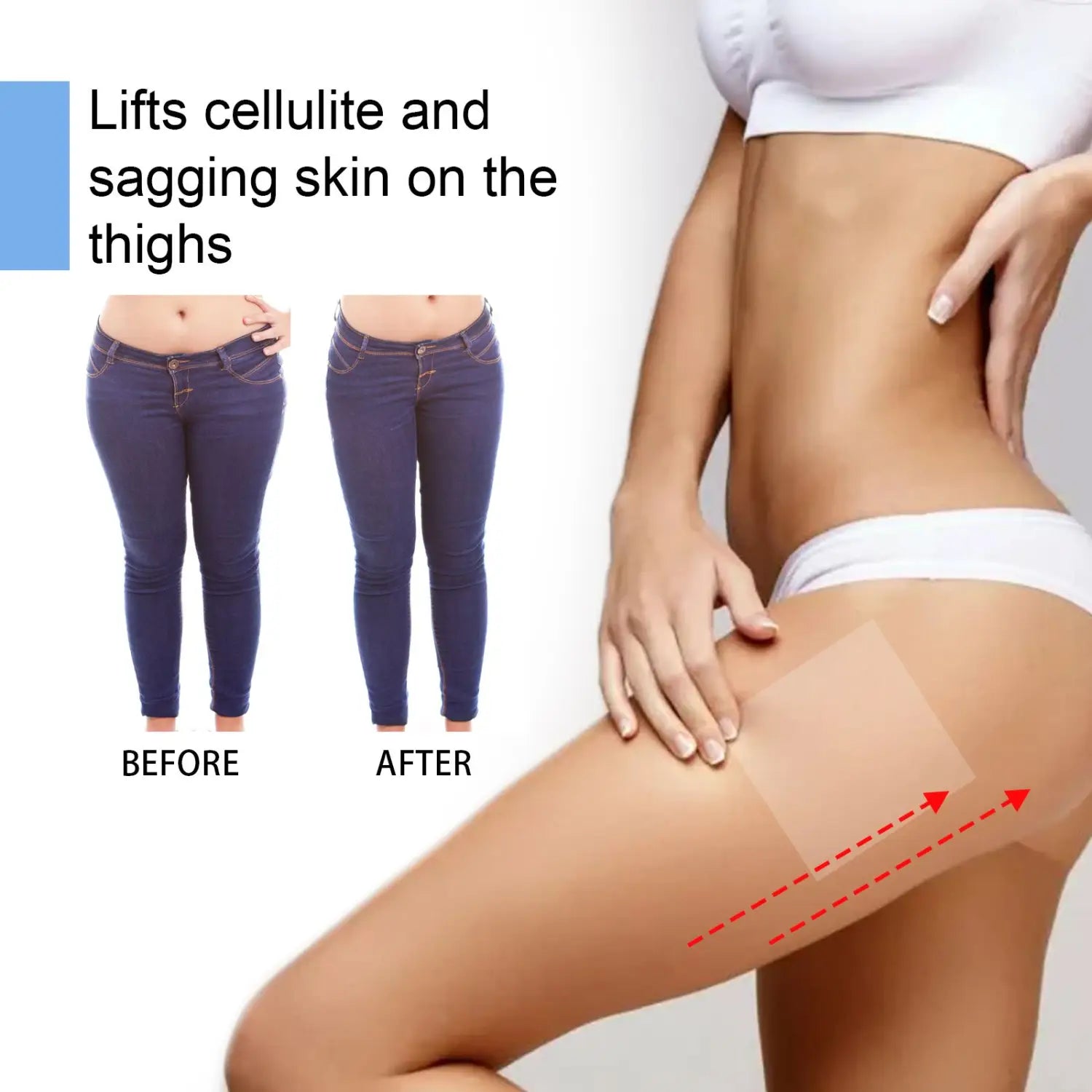 transparent thigh lifting tape 10 piece pack showing a transparent adhesive sheet applied to the thigh for cellulite and sagging skin reduction using lifting tape for thigh lifting.