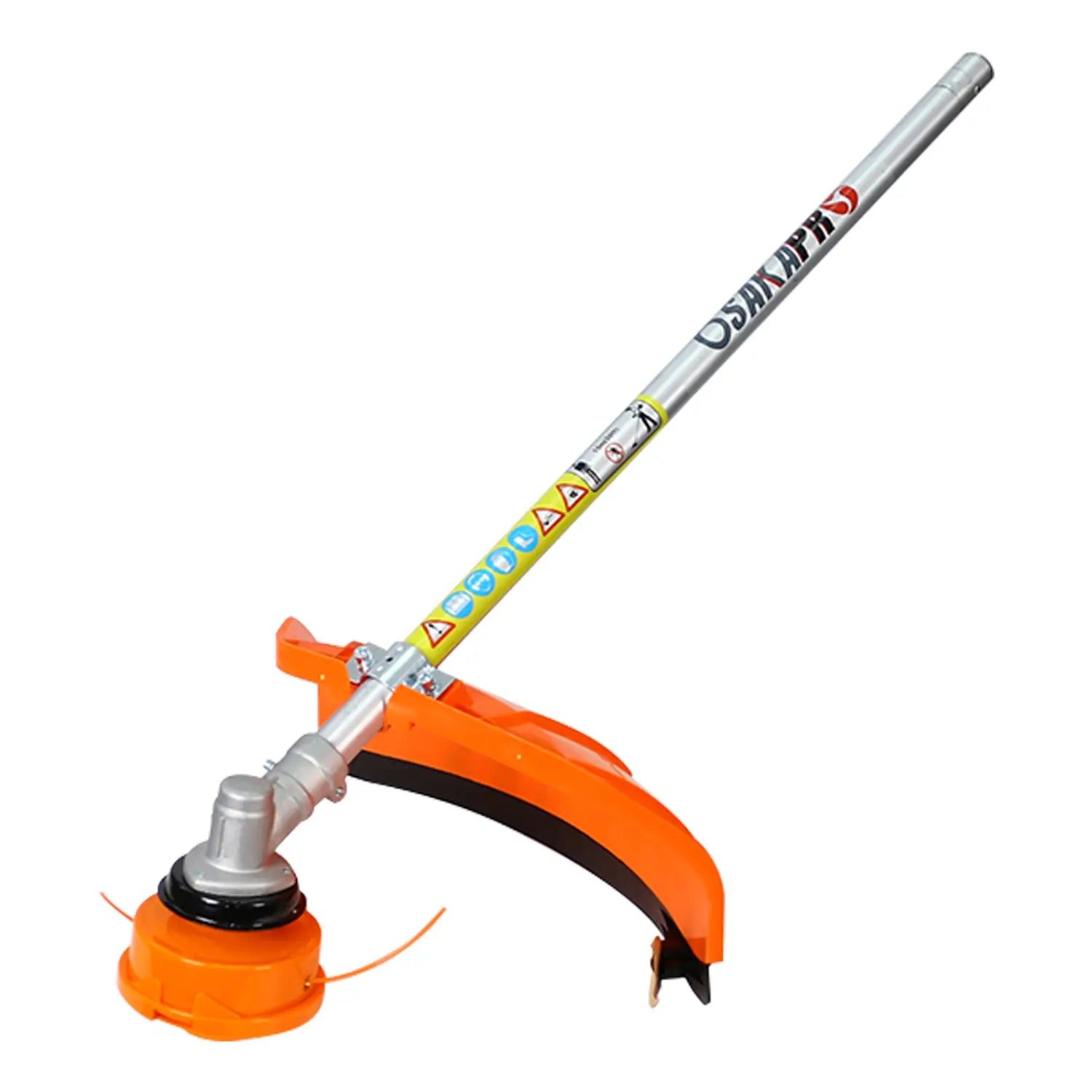 Orange and silver osaka pro string trimmer with a curved handle and visible cutting line included in a hedge trimmer and brush cutter multi tool set featuring plastic pruning tools.