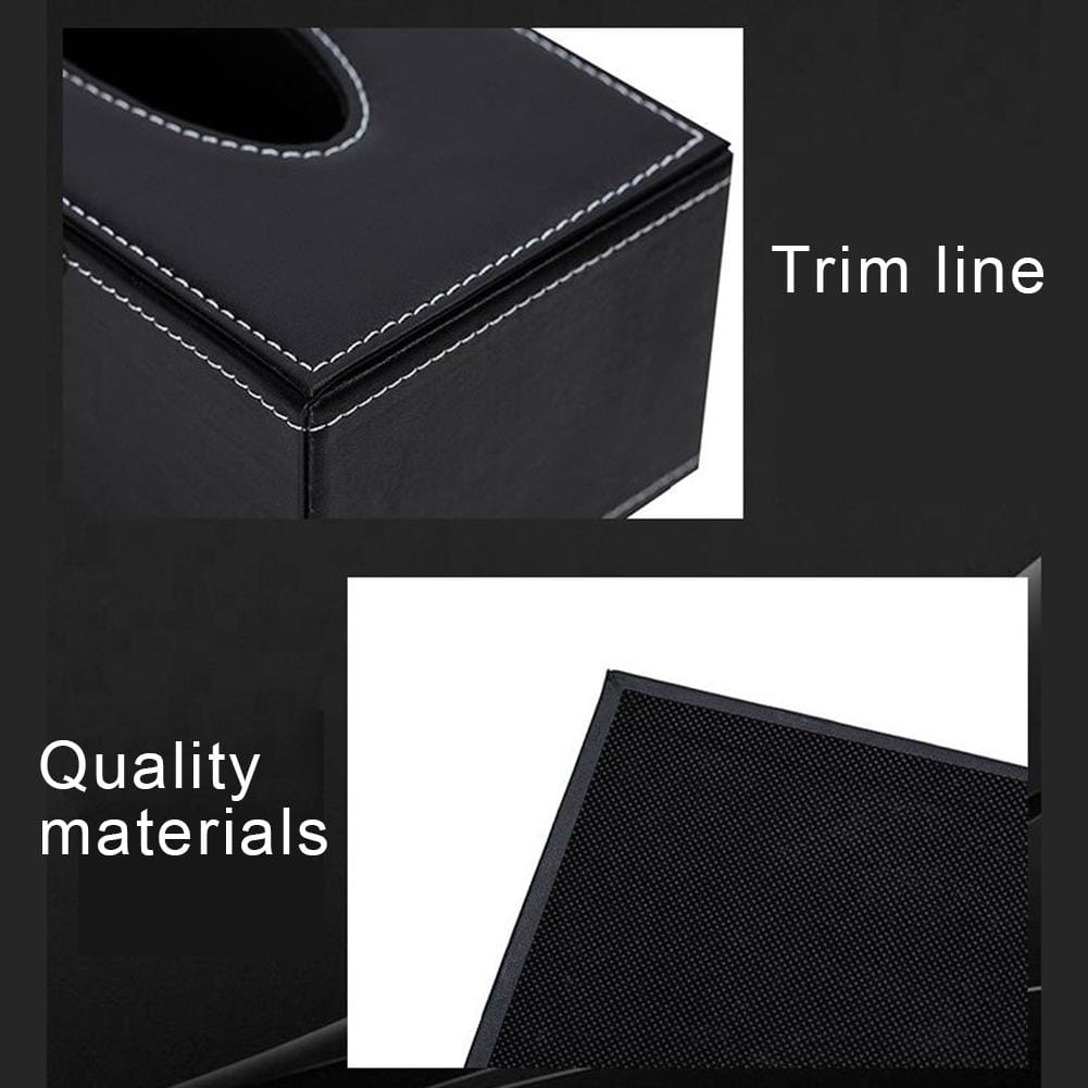 Black faux leather car tissue box cover in black with white stitching along the trim line and a textured interior.