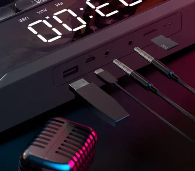 black digital clock with usb and audio ports and glowing red led display showing 0 00 integrated into an rgb gaming keyboard with wireless bluetooth speaker multimedia functionality