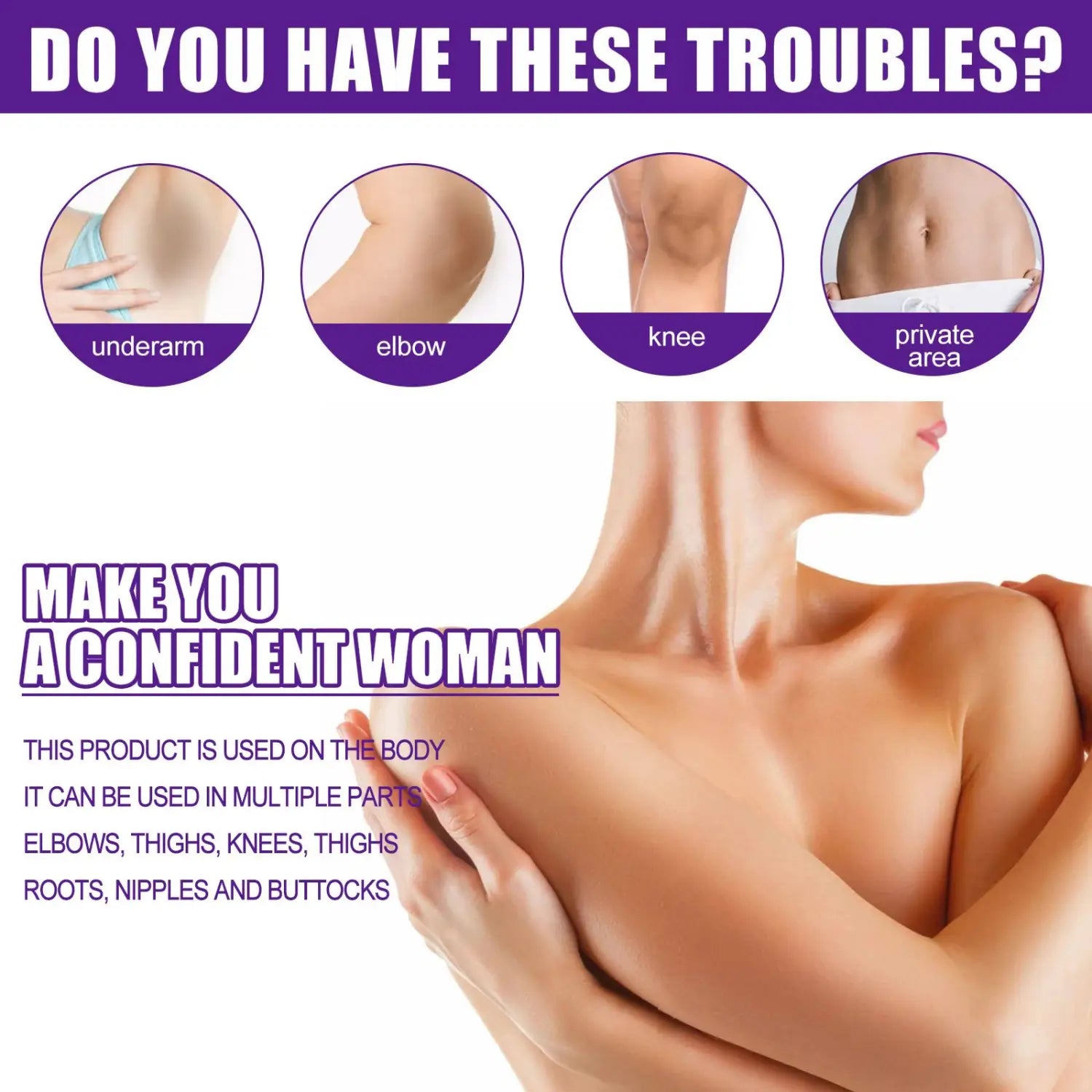 A woman with a bare shoulder and arm gently resting her hand on the upper chest area using eelhoe rejuvenator areola intimate essence for areola intimate area care.