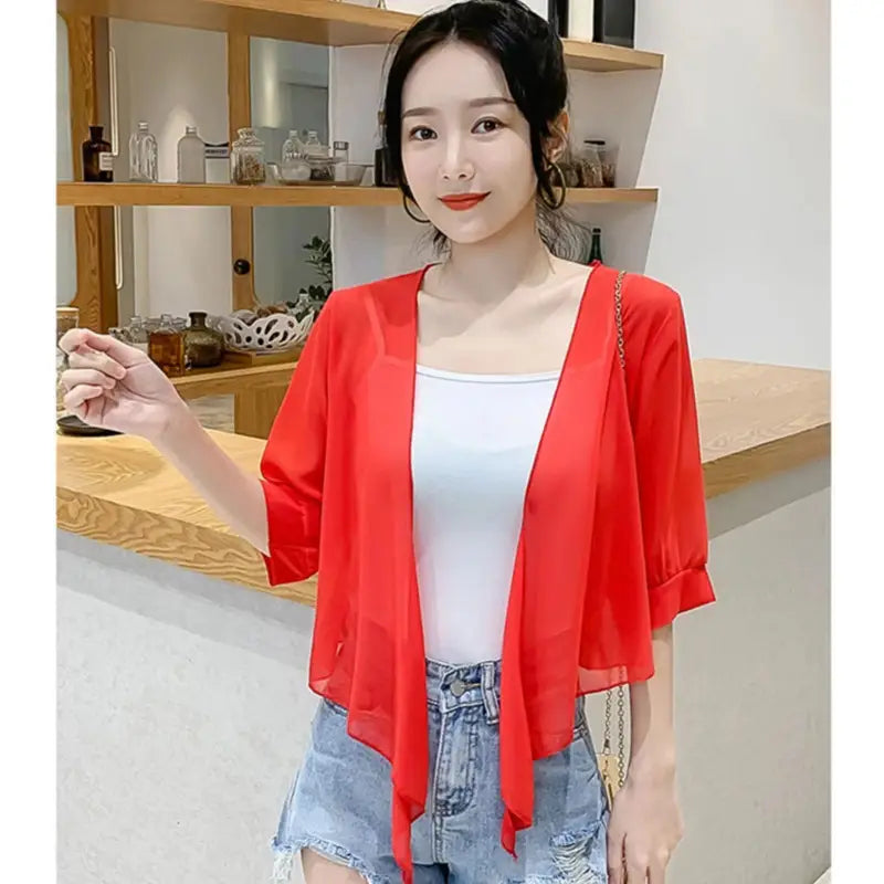 vibrant red sheer chiffon cardigan with three-quarter sleeves and a draped open-front design ideal as a short shawl summer coat or summer coat sun layer