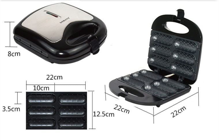 Black and silver compact 6 slot non stick hot dog and sausage frying machine with oval-shaped cooking slots for efficient frying.