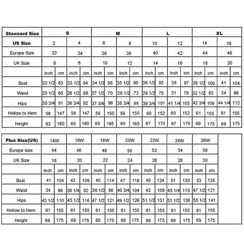 size conversion chart for clothing displaying us europe and uk sizes for standard and plus size categories of a black long sleeve transparent lace wedding dress.