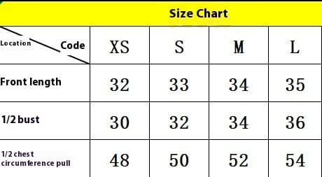 size chart table with yellow header and black text displaying measurements for xs to l sizes of black ribbed solid color low cut one shoulder vest with front length 1/2 bust and 1/2 chest circumference pull.