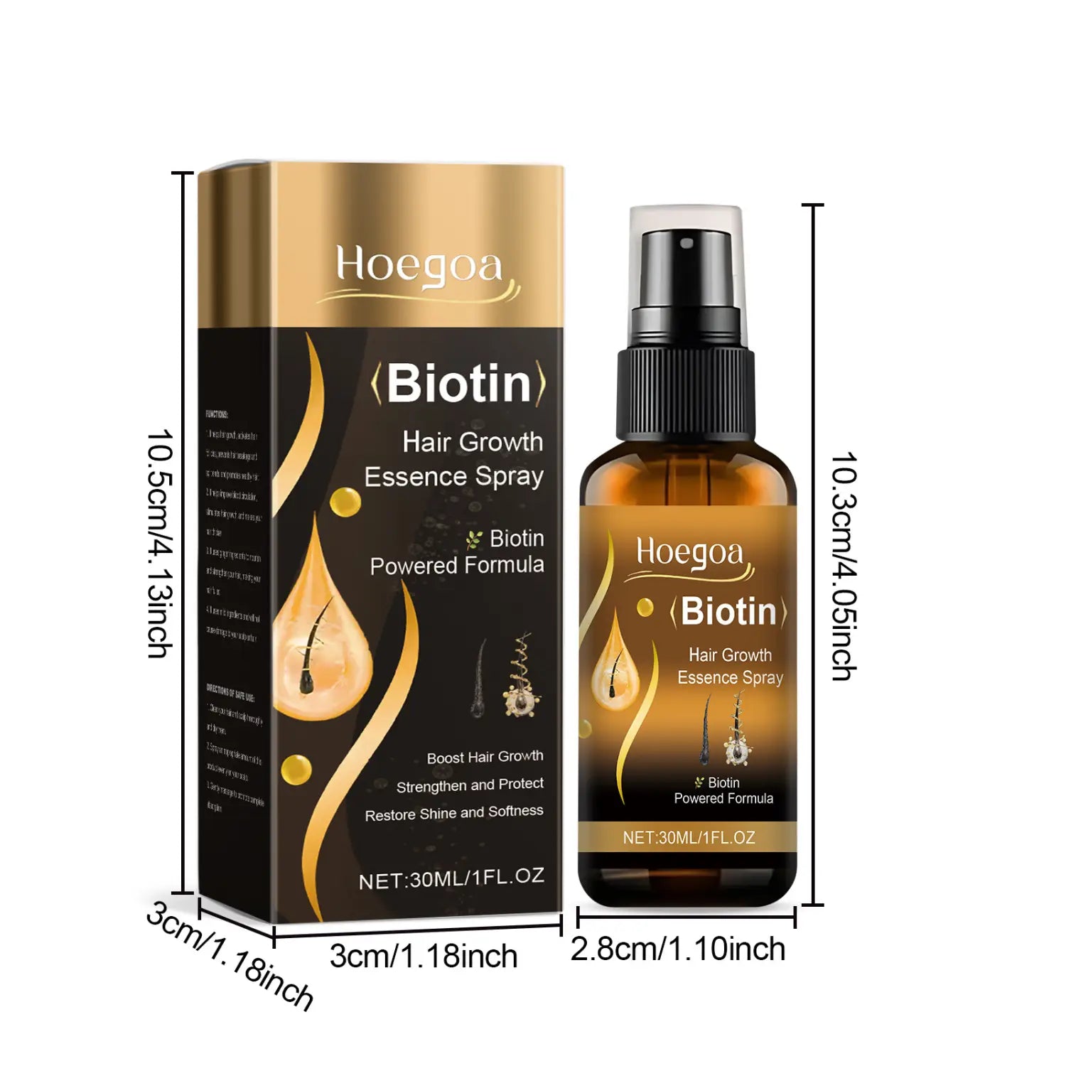 Hoegoa biotin hair care spray for tough hair in an amber glass bottle with a black spray nozzle and a gold and black box packaging.