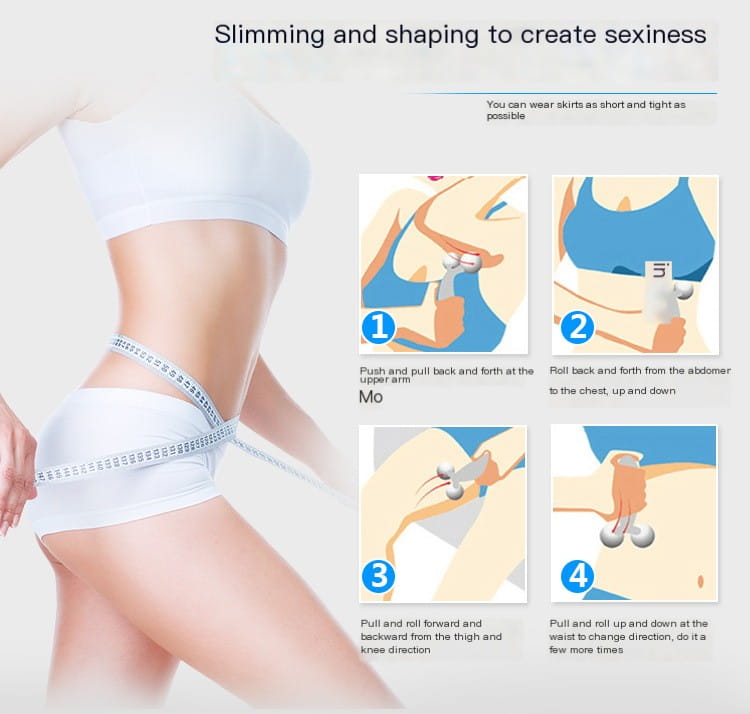 White body shaping roller with silver metallic ends and textured grip surface featured as a massage device image for facial massage use.
