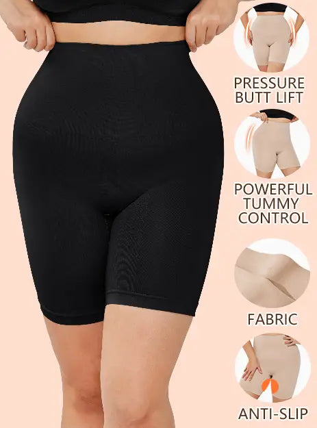 black high-waisted compression shorts with a smooth form-fitting design as part of a black casual slim leggings shapewear set