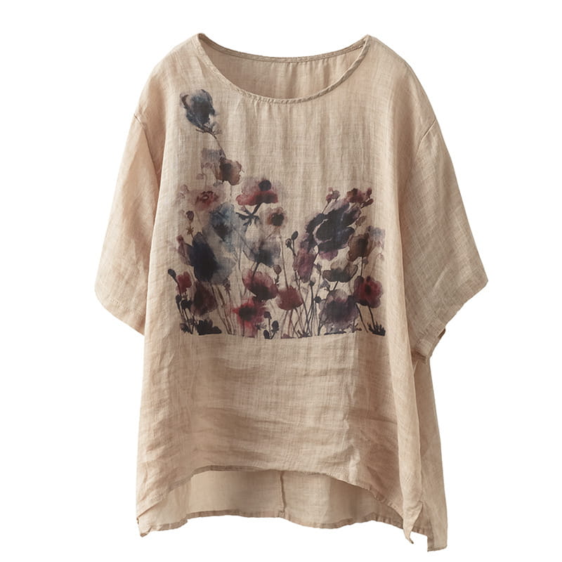 Beige linen vintage ink print floral t-shirt featuring a watercolor print in shades of burgundy dark blue and black.