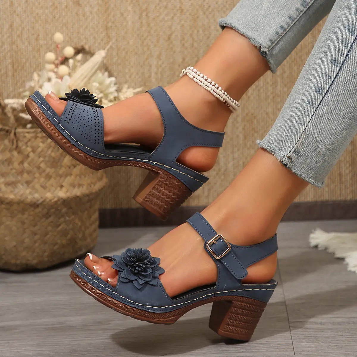 blue leather heel sandals featuring floral embellishment and woven block flowers chunky heel for summer wear