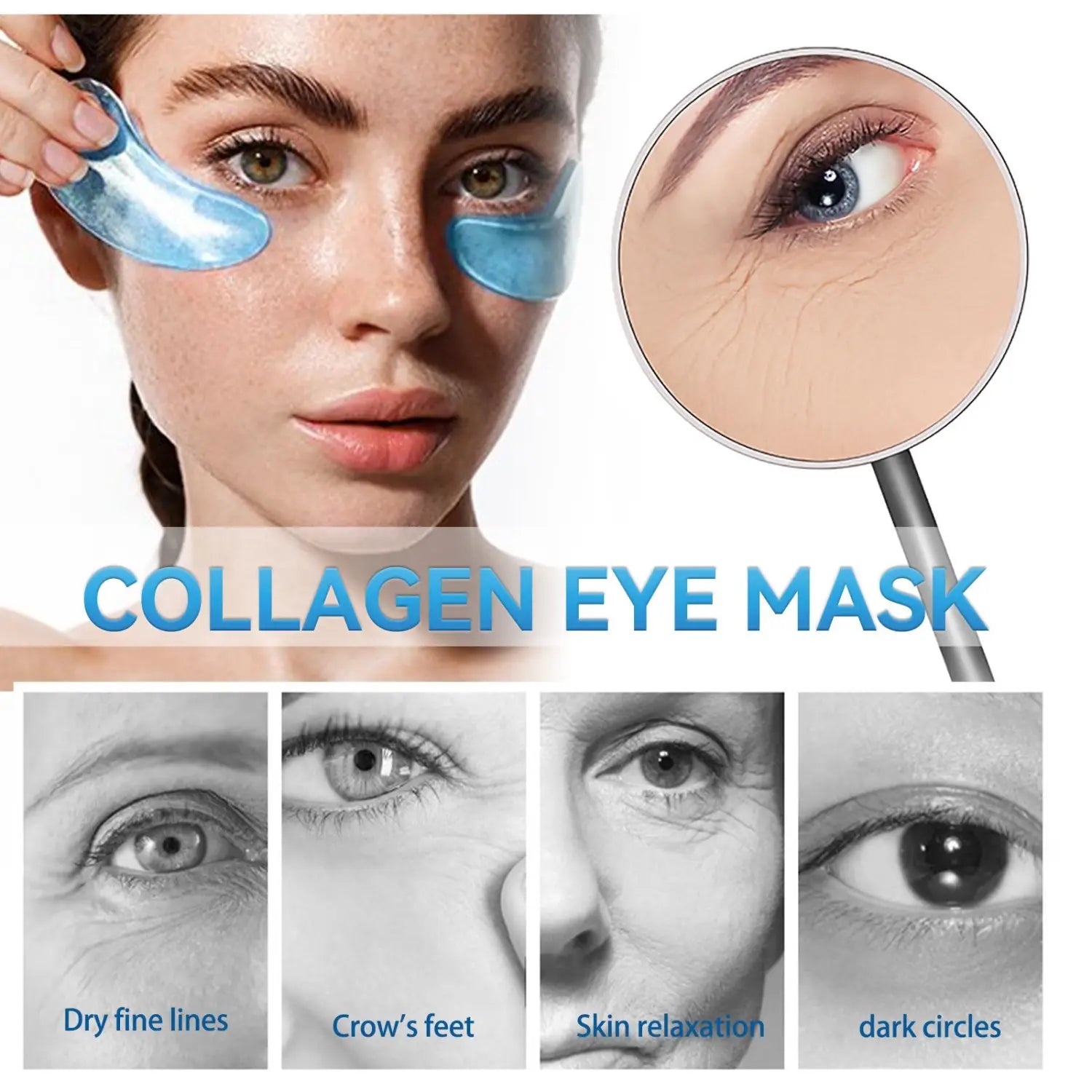 blue translucent collagen eye mask designed to reduce fine lines and dark circles in the glitter collagen eye mask product line.