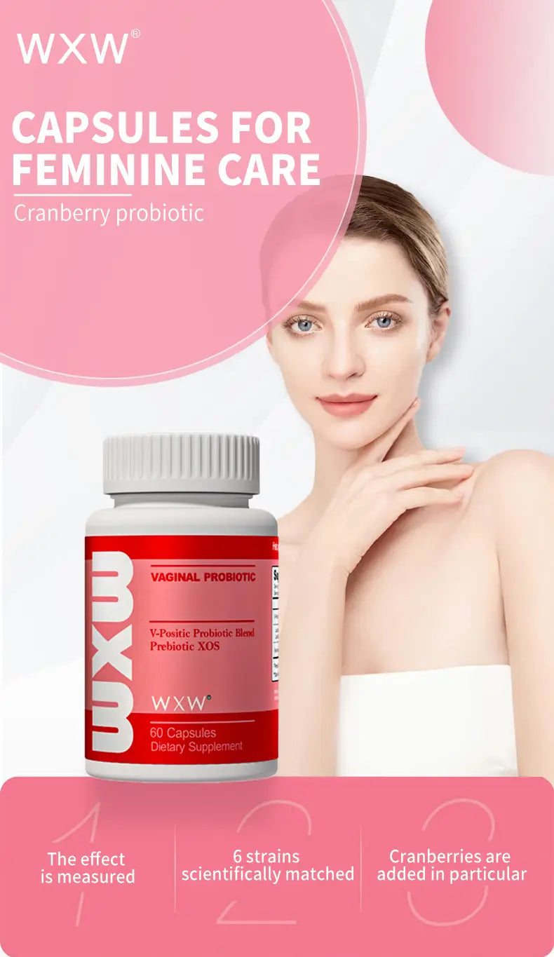 white bottle with red label and gray cap branded as wxxw uro women’s probiotic capsules for feminine care containing cranberry probiotic women’s probiotic capsules