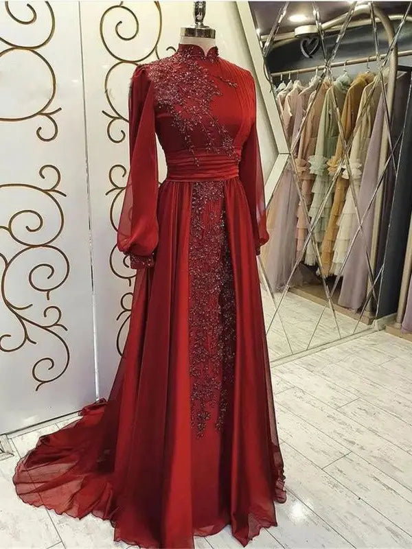 a rich red stand collar luxury long sleeve gown featuring intricate beaded embroidery along the high neckline and front panel