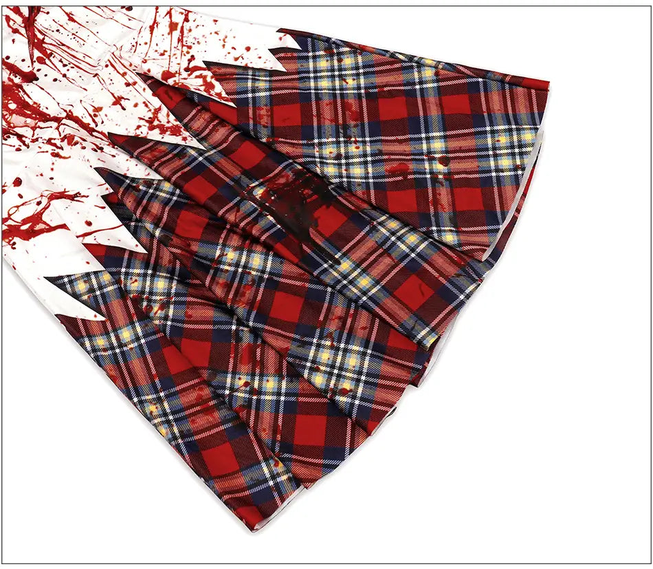 female ghost clothes adult stage plaid skirt set featuring red blue and yellow plaid fabric with blood splatter design