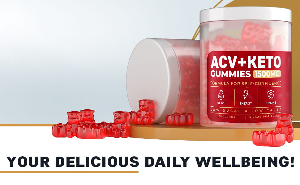red bear-shaped soft candy gummies in a clear plastic jar with white lid labeled acv ketone 1500mg dietary supplement for self-confidence containing 60 count.