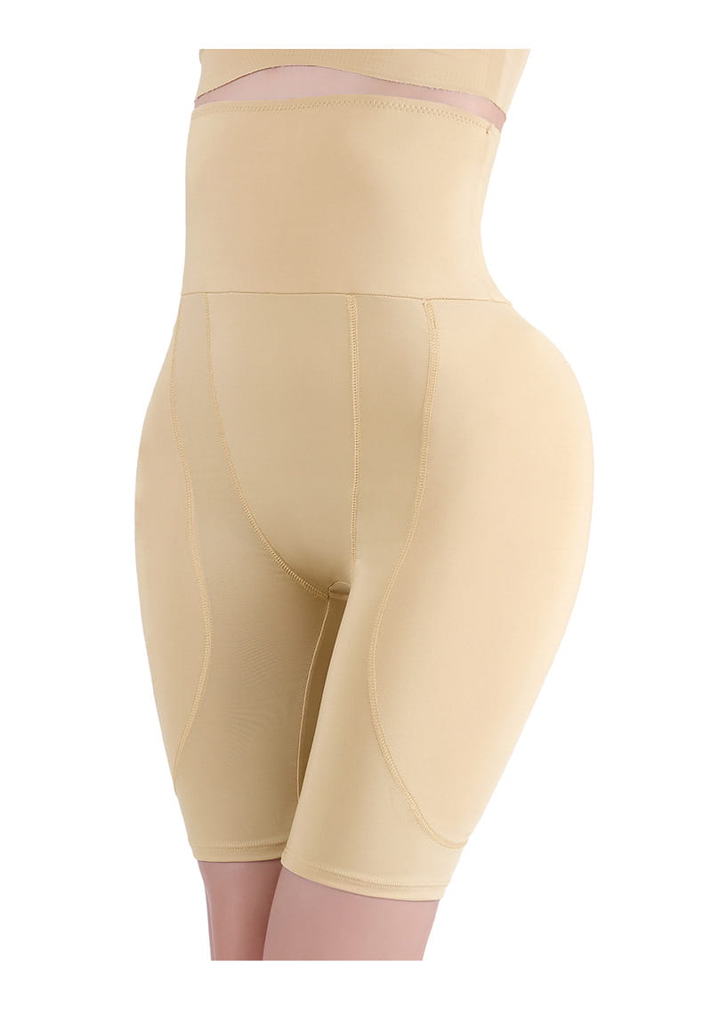 Beige high waist body shaper shorts with a smooth, form-fitting design for tummy control and fat burning high performance.