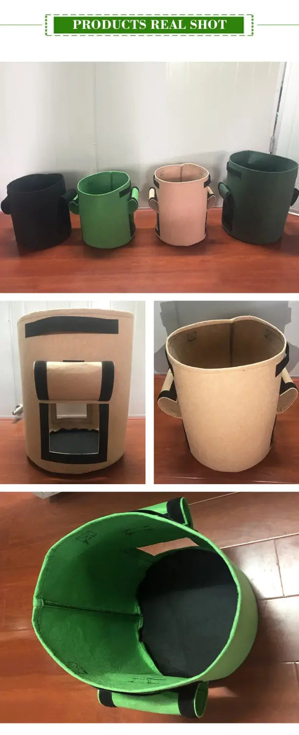 Green breathable potato tomato vegetable fabric plant growth bag with black interior and reinforced handles for tomato vegetable plant cultivation